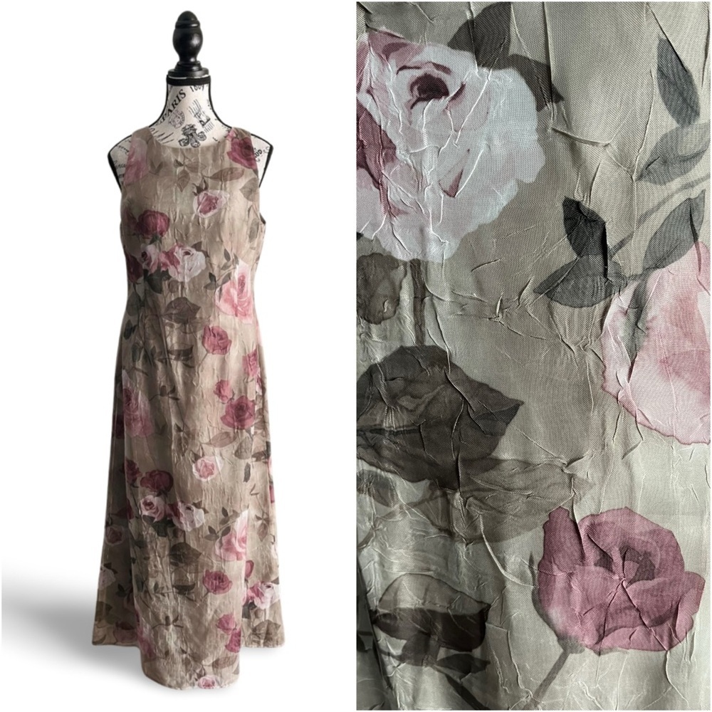 🇨🇦 Vintage 90s Muted Green and Rose Algo Crinkled Floral Maxi Dress Size 10P